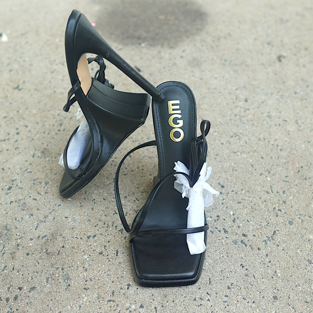EGO Black Strappy Lace Up Ankle Wrap Stiletto Heels Square Toe UK 5 US 7 EU 38